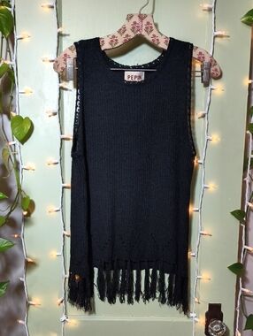 Women's Pepin Black Lightweight Sheer Sweater Knit Fringe Tank Top M